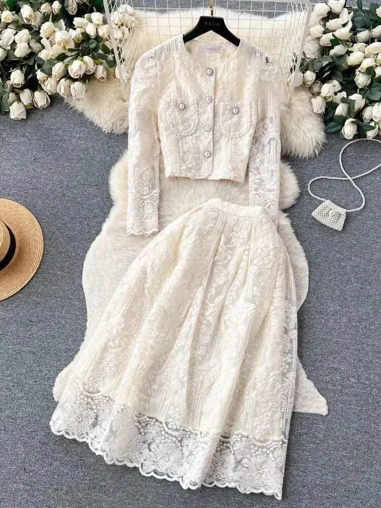 Autumn Elegant Flower Embroidery Lace Two Piece Matching Set Women\'s Long Sleeve Pearls Button Crop Top Midi Skirts Suits
