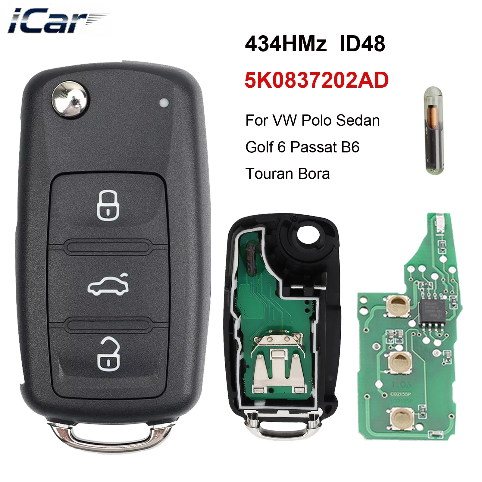 

iCar 3-кнопочный дистанционный откидной ключ 434 МГц ID48 чип 5K0837202AD для VW Volkswagen GOLF PASSAT Tiguan Polo Jetta Beetle Skoda Seat
