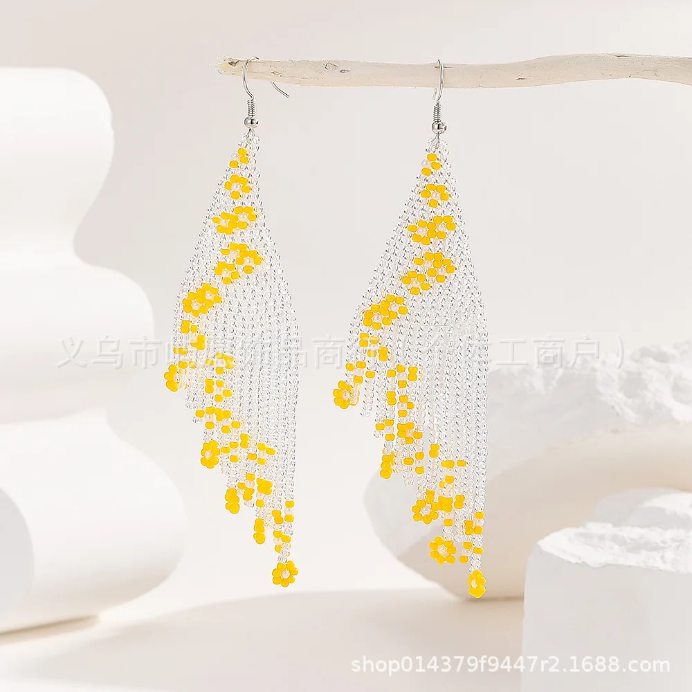 Beaded earrings Tassel Flowers Geometry Design Originality Hand knitting Bohemia Alloy Tide Simple Rice bead earrings