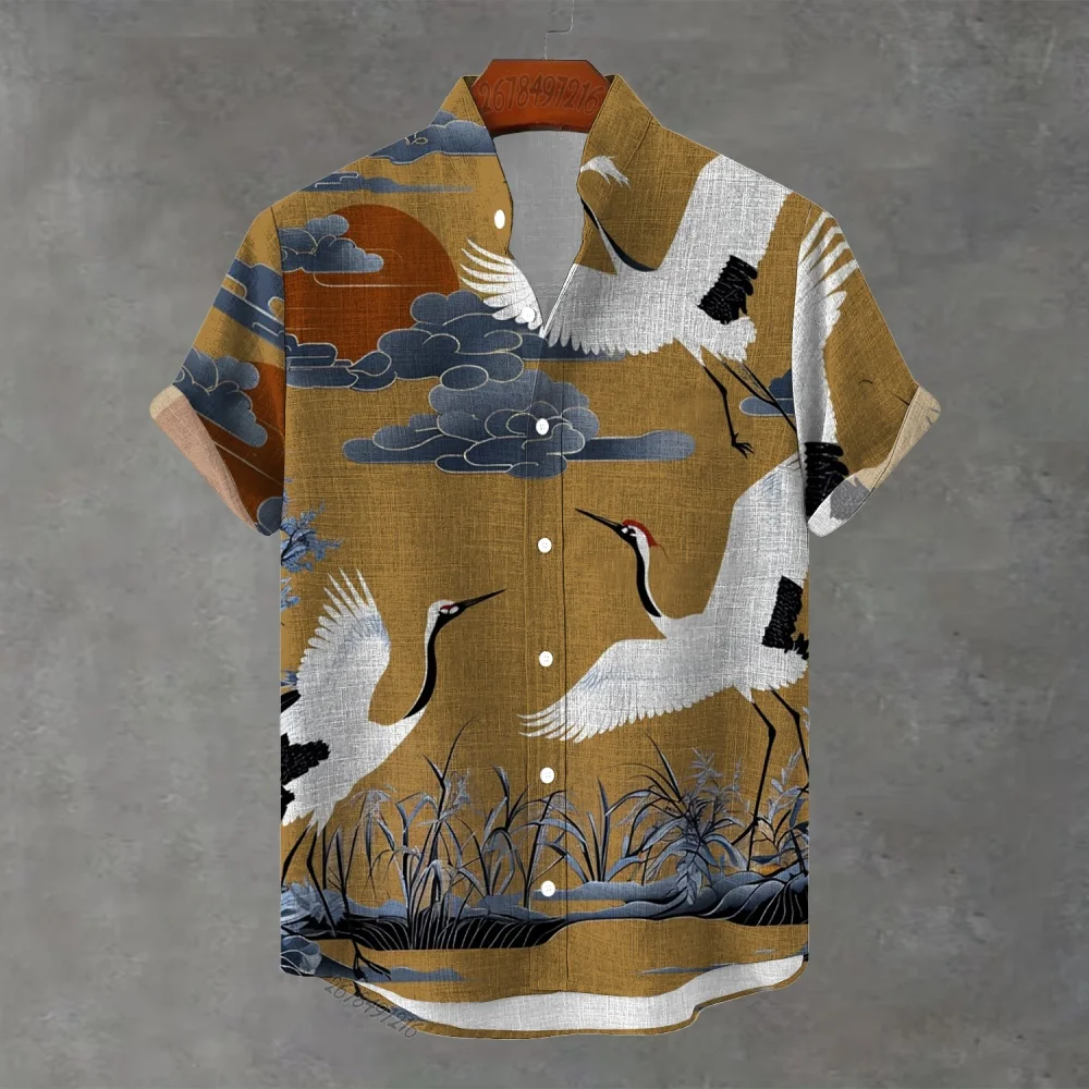 European and American men's Japanese style Ukiyoe red-crowned crane short-sleeved shirt stand-up collar single-breasted shirt