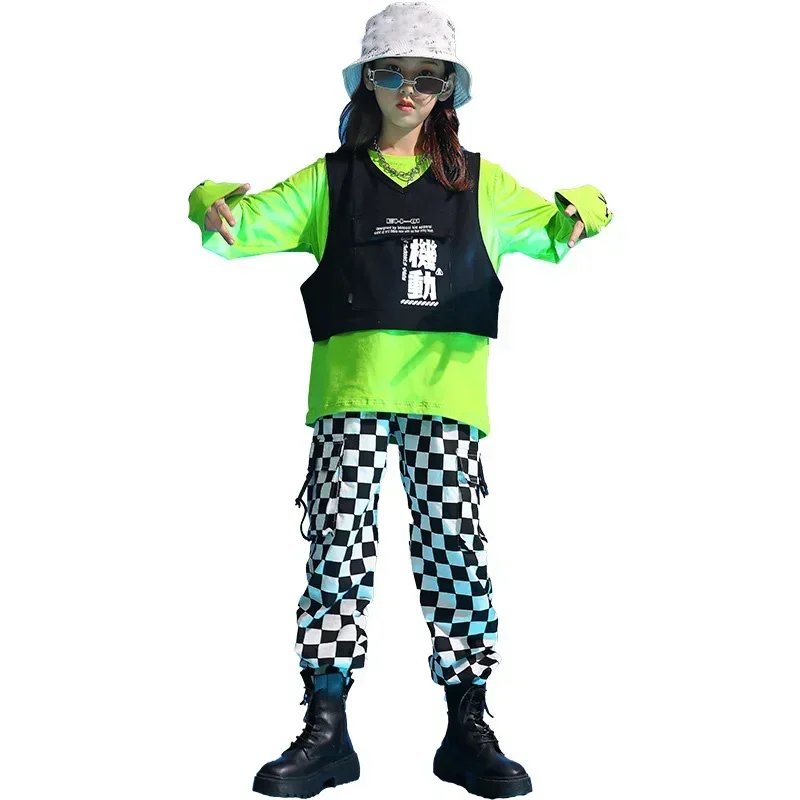 Hiphop overalls tij pak jazz hiphop dansen outfit groen oranje top vest geruite broek kostuums voor kinderen jongens meisjes