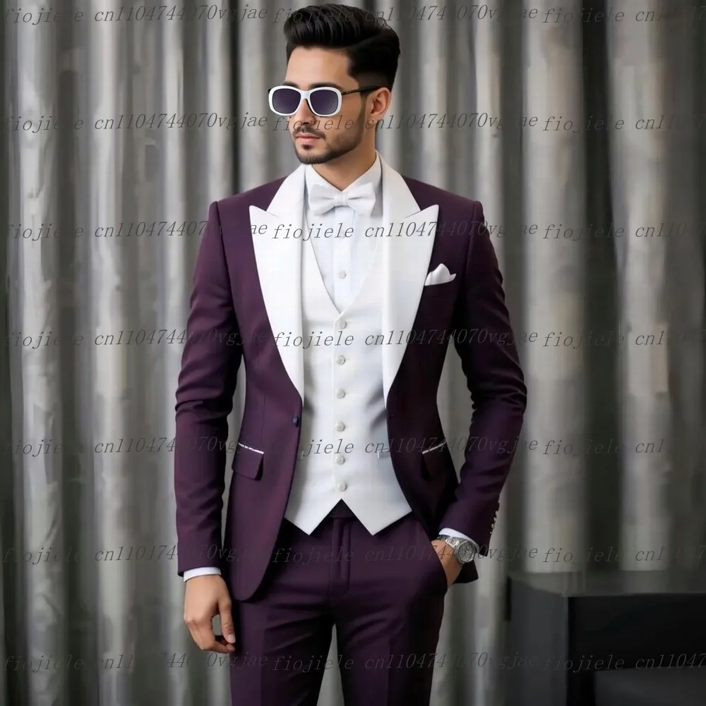 

Новый фиолетовый и белый мужской костюм, официальная свадебная вечеринка, жених, деловые мужские смокинги, индивидуальный комплект из трех предметов, куртка, жилет, брюки
