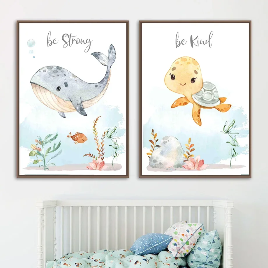 

Cute Whale Turtle Seahorse Octopus Fish Under The Sea Poster Nursery Wall Art Prints Ocean Animal Pictures Baby Kids Room Decor