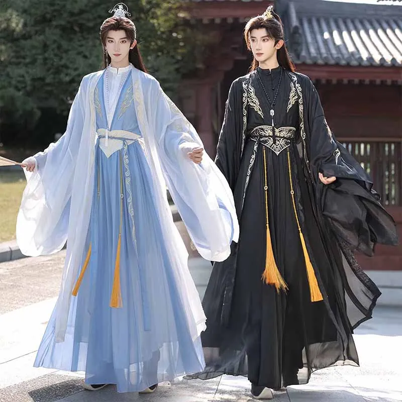 

Chinese Hanfu Men Halloween Carnival Cosplay Costume Party Outfit Ancient Embroidered Black&Blue Hanfu Suits Plus Size 3XL