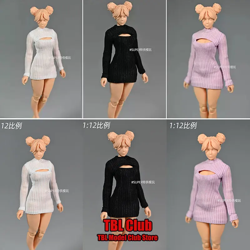 In Stock 1/12 Scale Female Soldier Long Knit Dress Slim Round Neck Solid Color Open Chest Sweater Fit 6inch Action Figure Doll