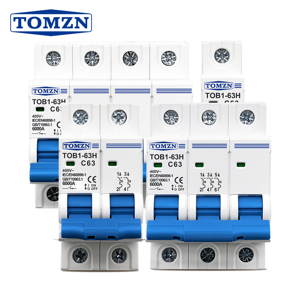  TOMZN AC MCB TOB1-63H C Curve 230/400V~ 50Hz/60Hz Mini Circuit Breaker 1P 2P 3P 4P 3A 6A 10A 16A 20A 25A 32A 40A 50A 63A 