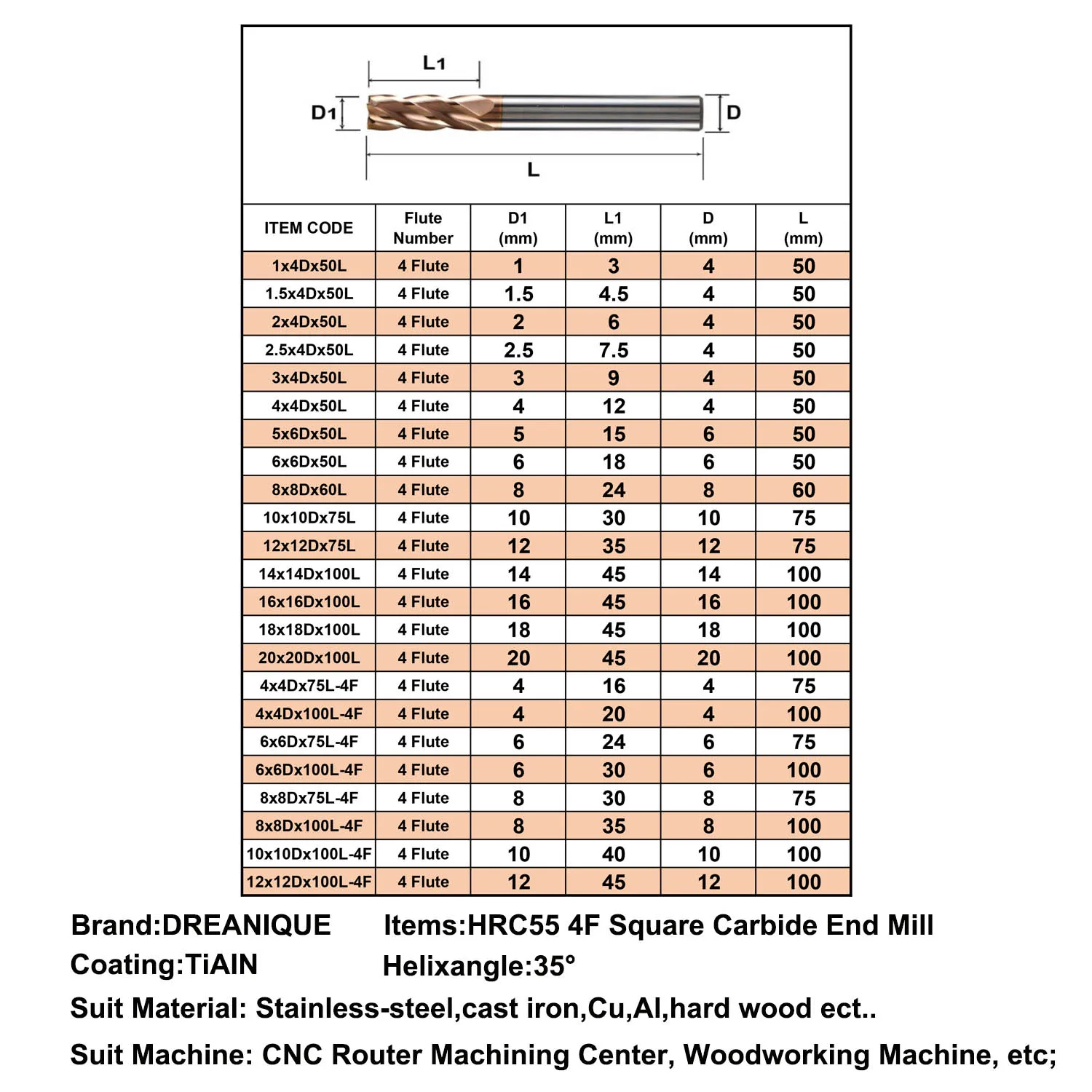 DREANIQUE Tungsten Steel Milling Cutter D4/6/8/10/12 4 Flutes Flattened Head Alloy Coating HRC55 CNC Milling Carbide End mills
