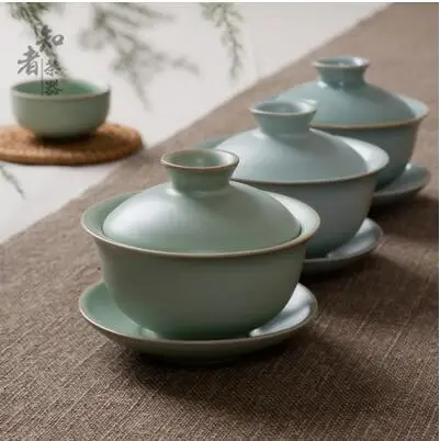 hot sale ru kiln pigmented anxi tieguanyin gaiwan three-piece set double line jingdezhen white tea tool