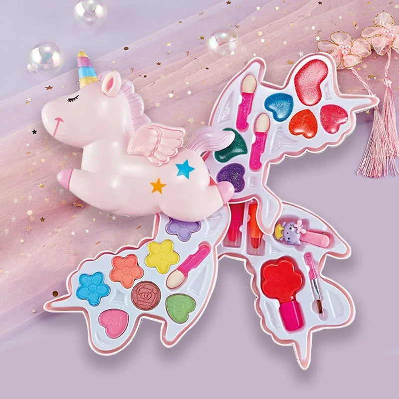 Kids Makeup Cosmetics Tool Playing Princess Unicorn Pink Makeup Box Girl Set Lipstick Eye Shadow Safety Nontoxic Toys Gift