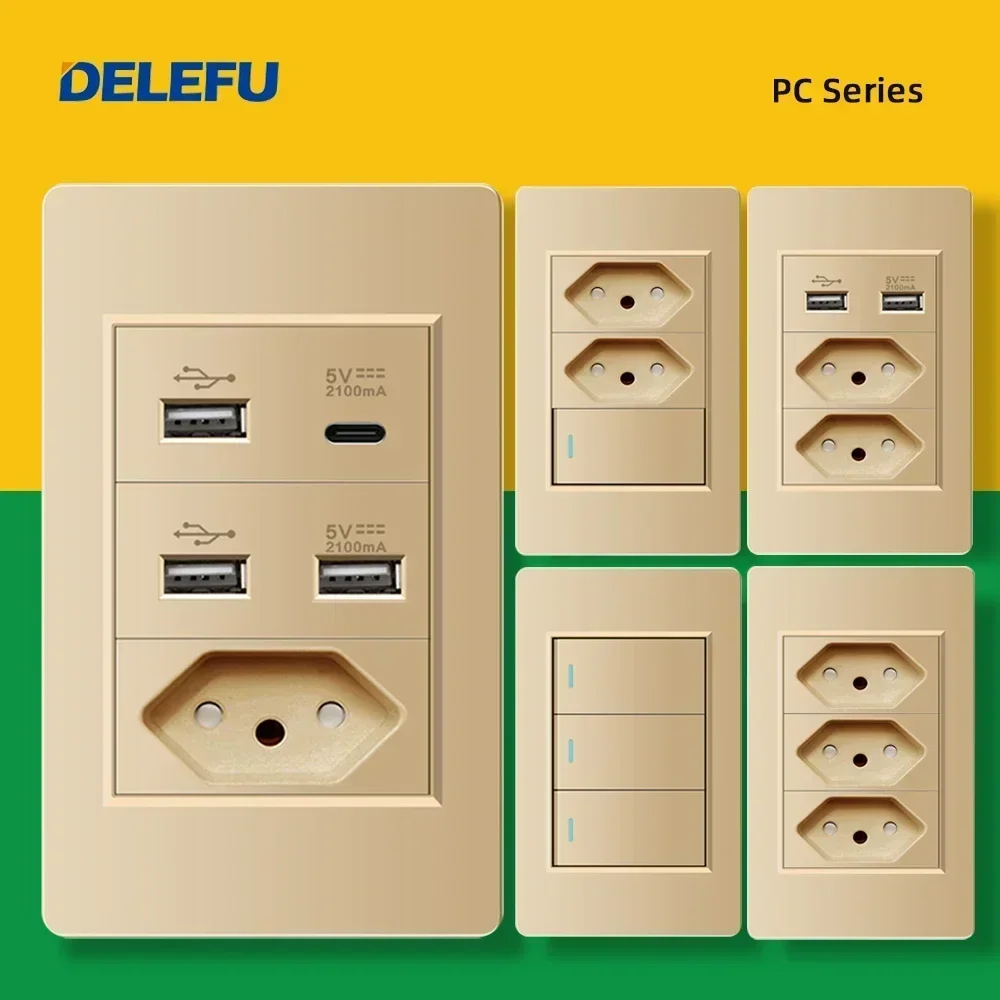 DELEFU PC Panel Fireproof Double USB Type C Charge Brazil Standard Outlet Gold Wall Power Light Switch Electrical Plug 10A 20A