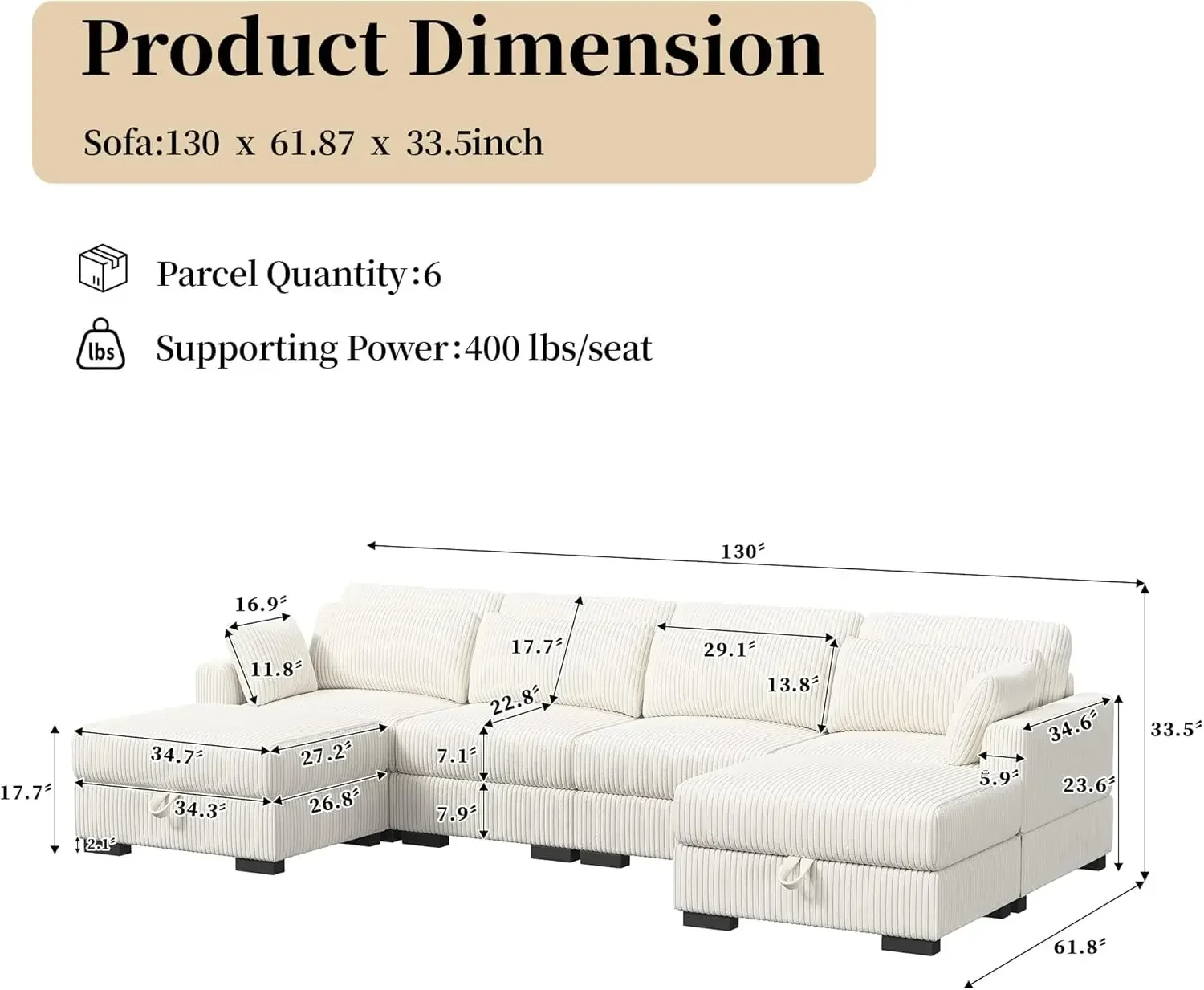 130 Inch Sectional Couches for Living Room,6 Seater Lounge Sofa with 2 Ottoman,Corduroy Cloud Couch with 6 Pillows,Oversized U S