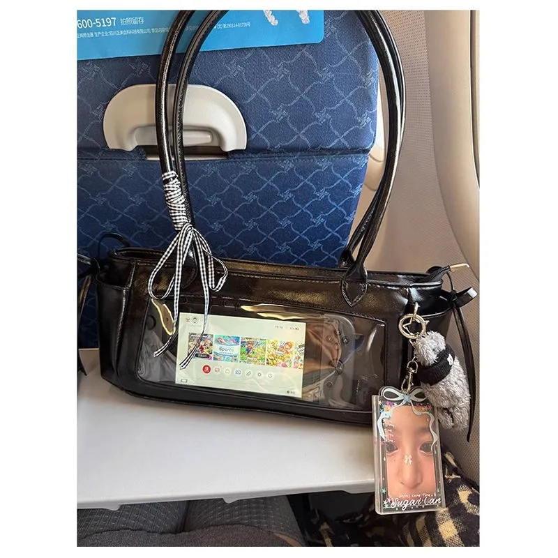 النمط الياباني الأسود Ita حقيبة يد المرأة الجديدة Harajuku حقائب كتف جلدية شفافة السيدات أنيمي Itabag حقيبة تحت الإبط Y2K #3