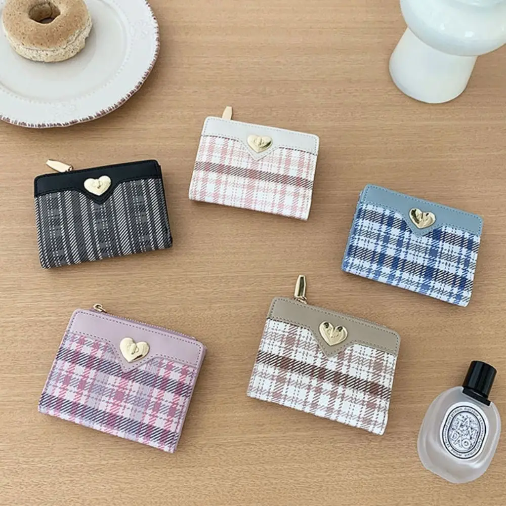 Fashion PU Leather Short Wallet Zipper Heart-shaped Card Bag Large Capacity Plaid Clutch bag Women