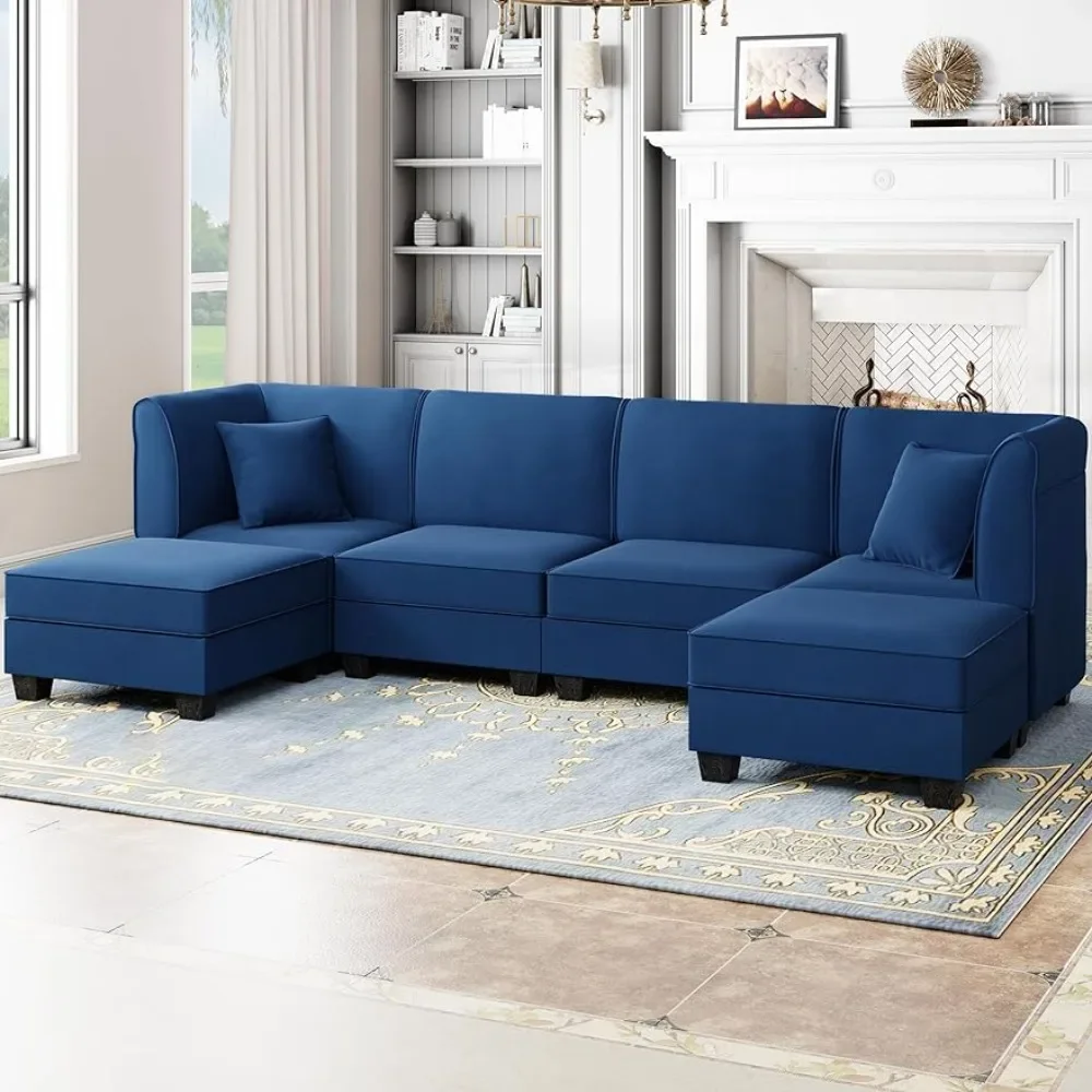 

%a Reversible Modular Sectional Sofa Set, Convertible Oversized U Shaped Sofa Couch with Ottomans, Velvet Sleeper Couch，Deep Bl