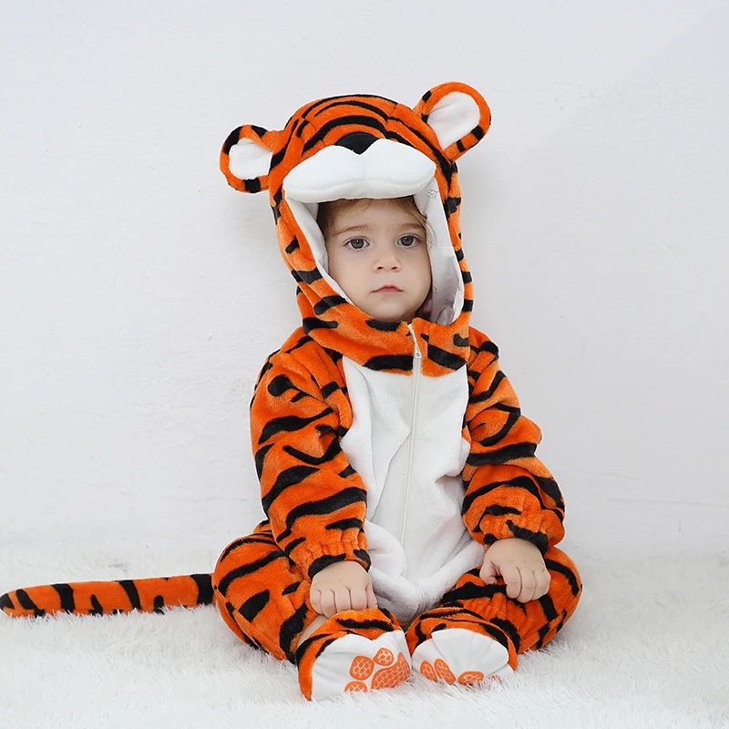 Animal Tiger Kigurumis Baby Girl Clothes Romper Winter Soft Warm Infant Onesie  Cosplay Costume Hooded Zipper Jumpsuits