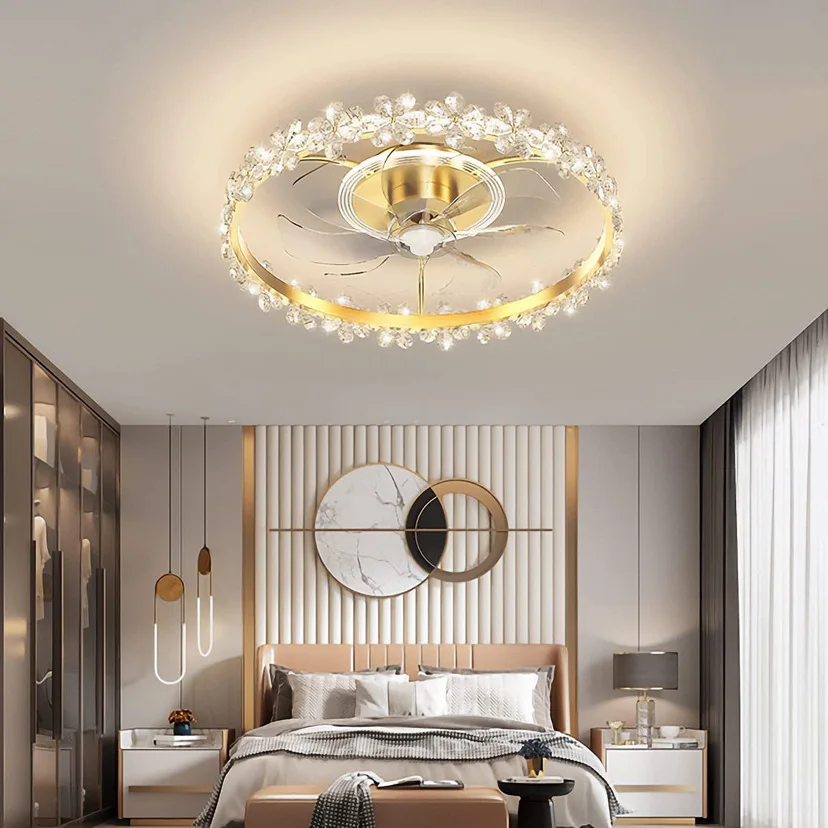 2024New Light Luxury Crystal Fan Light Bedroom Ceiling with Fan Simple Modern Home Room Fan Light 50cm, 36W,remote control