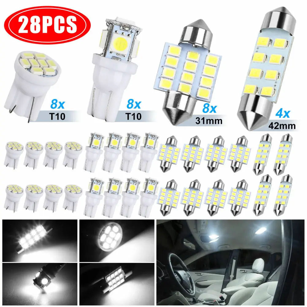 28pcs Led Interior Light Bulbs Kit T10 31mm 42mm 6000k Dome License Plate Lamp Bulb Car Trunk Replacement Parts