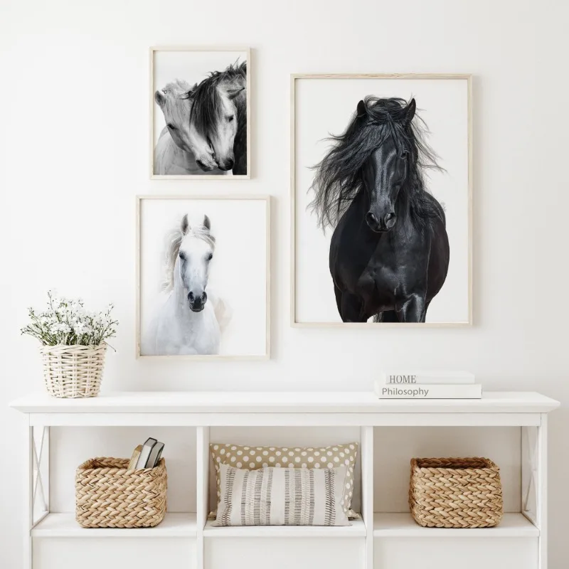 Black and White Horse Portrait Poster Print Canvas Painting Horses Running Animal Wall Art Picture for Farmhouse Room Home Decor
