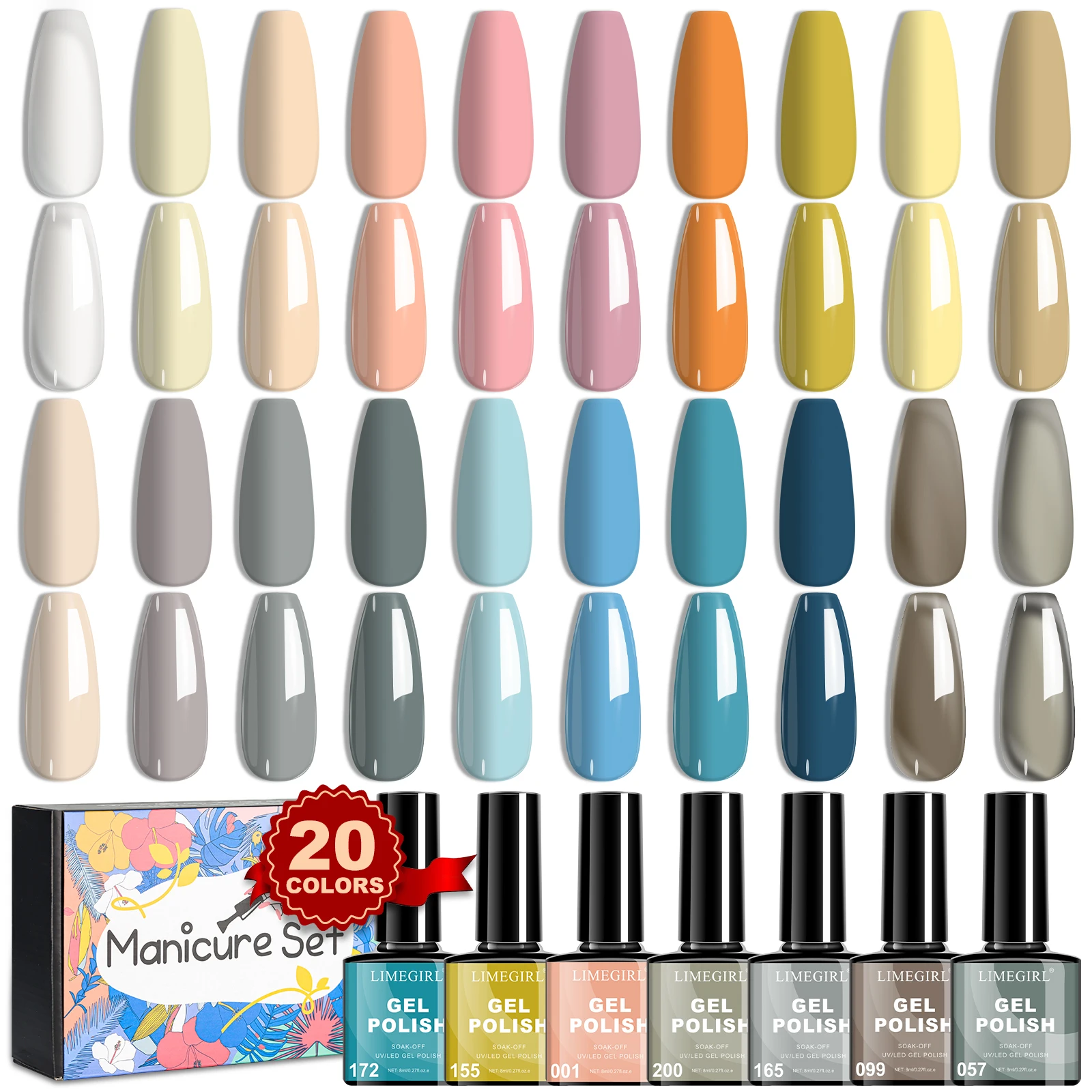 

LIMEGIRL 20-цветный набор гель-лаков для ногтей Macaron Color 8 мл Полуперманентный УФ-гель для дизайна ногтей Гель-лак для ногтей Гель-набор