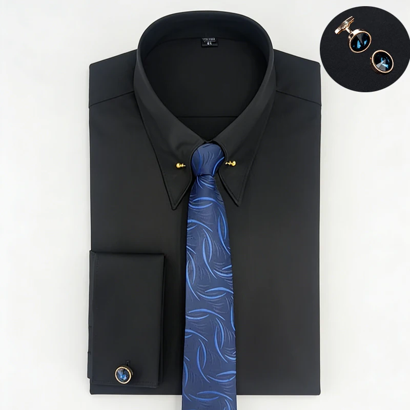 Empire Collar French Cuff Men's Long-Sleeved Shirt with Collar Pin, Large Pointed Collar Business Formal Shirt Gentleman's Attir