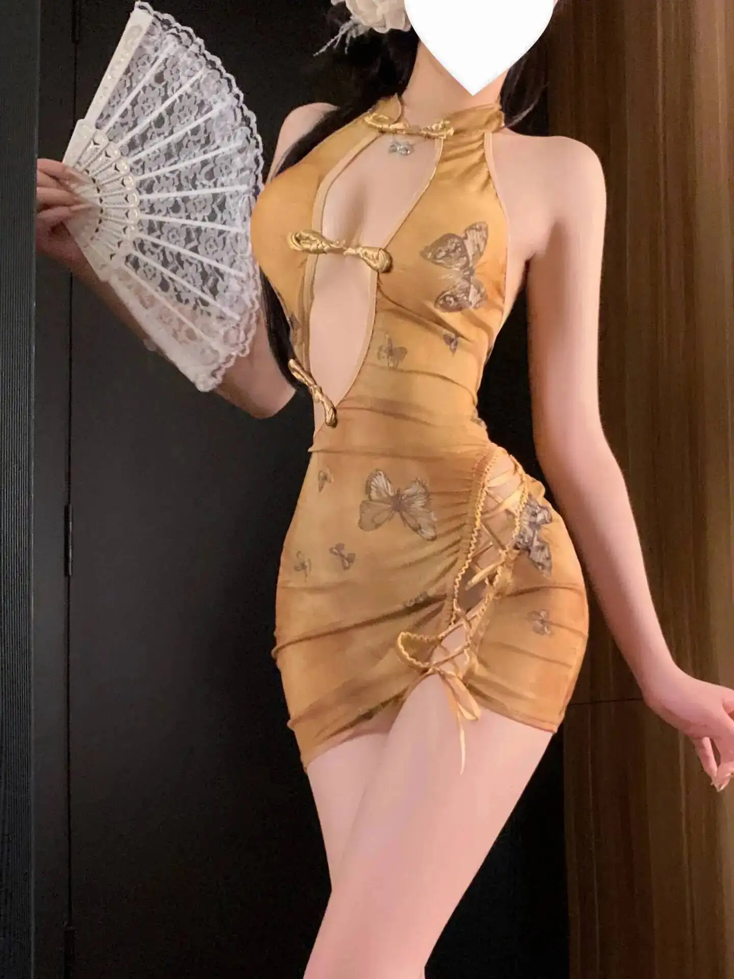 女性のためのセクシーなナイトウェア、パジャマ、制服純粋な欲望プリントチャイナ服ドレスエレガントなタンクミニドレスメッシュシアリー 8UK