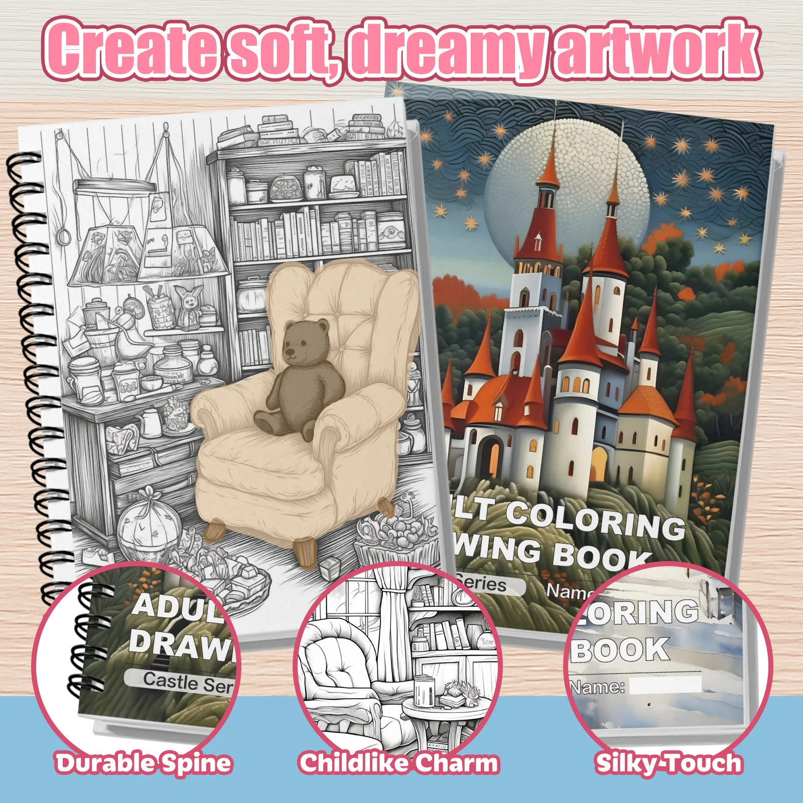 Castle & Cabin Adult Coloring Book Set 2-Pack: Top Spiral Bound Fantasy Coloring Drawing Books, 8.27 x 8.27 in, 30 Pages Each view 4