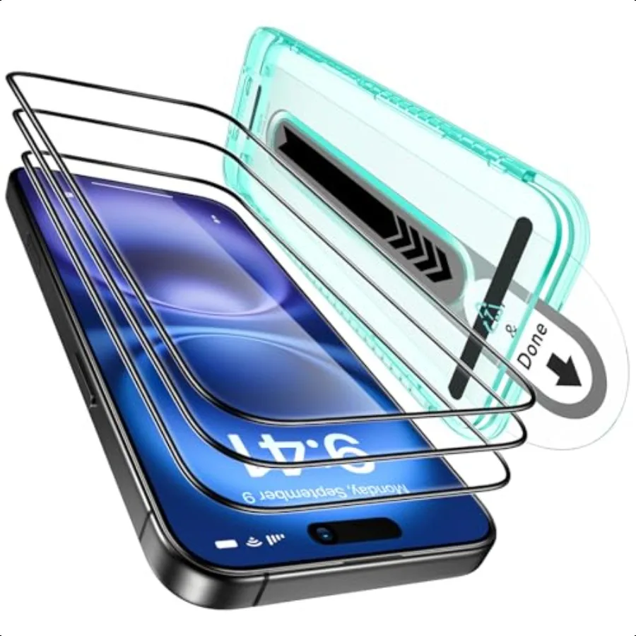 3 عبوات لهاتف iPhone 16 iPhone 15 واقي شاشة [9H Hardn] [مقاوم للكسر من الدرجة العسكرية] تغطية كاملة من الزجاج المقسى مع