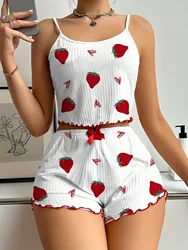 New Strawberry Print Sleepwear Set Women's Ribbed Pajamas with Hearts & Bow Soft Comfy Lounge Set with Shorts Cute Summer PjGift