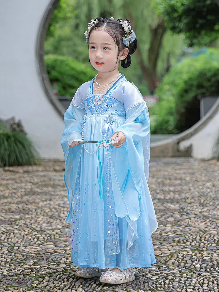 

Girls Children Chinese Style Blue Embroidery Dress Ancient Fairy Carnival Cosplay Costume Hanfu Stage Wear