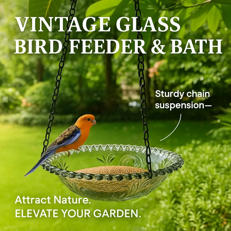 

Hanging Bird Feeder Glass Bowl – Flower Design Chain Suspended Birdbath For Garden Outdoor Decor