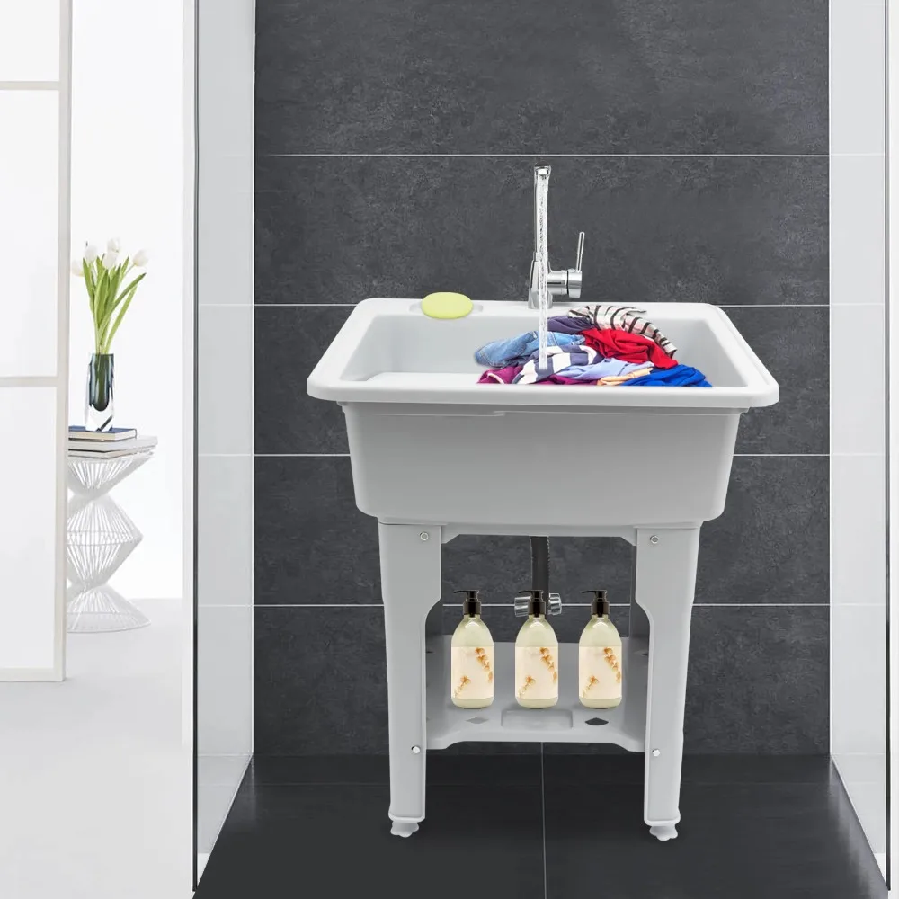 

Freestanding Plastic Laundry Sink with Washboard for Hand Washing Clothes, Washing Room Laundry Tub Sink w/Faucet and Drain Kit