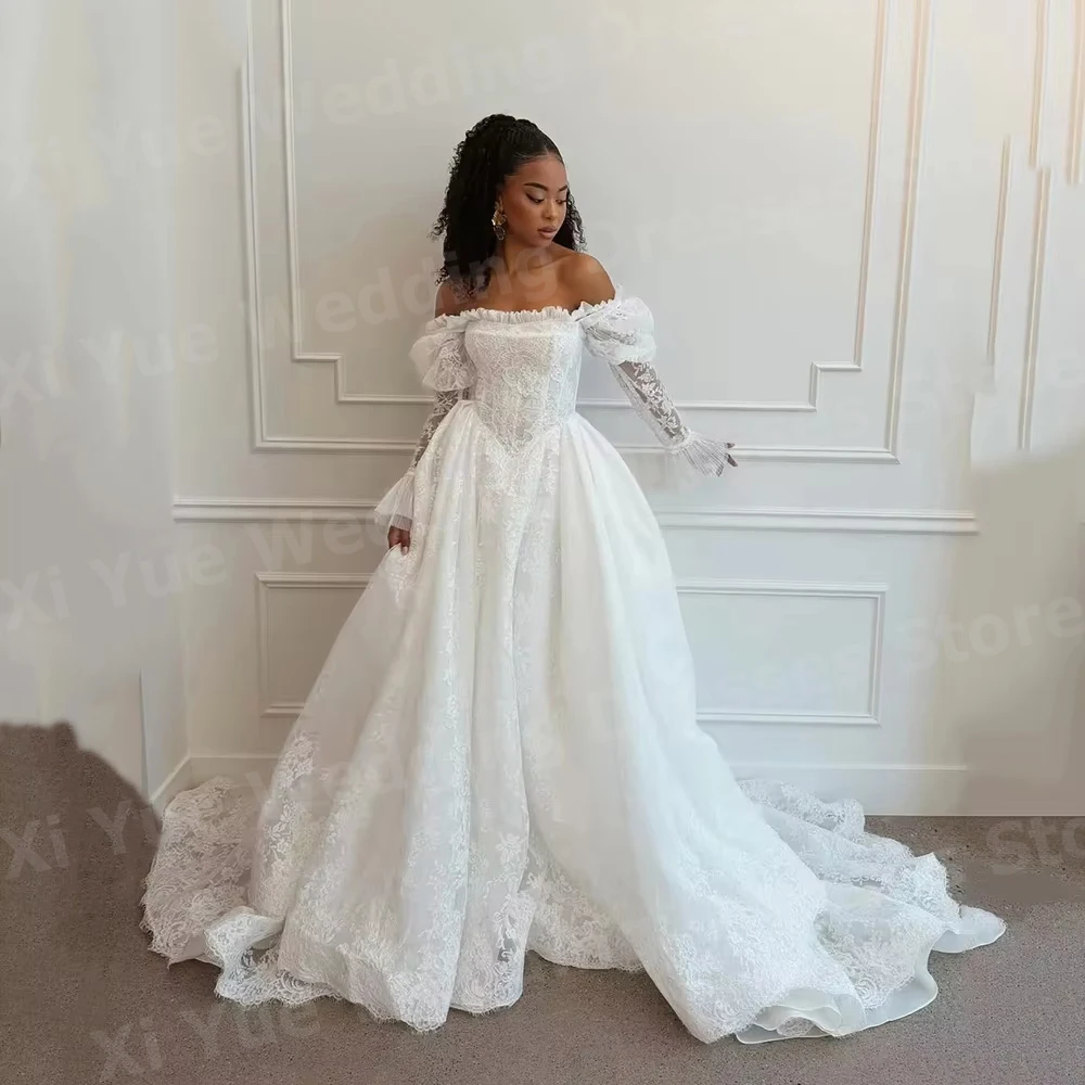 Luxurious A Line Women's Lace Long Sleeve Wedding Dresses Vestido De Novia Off Shoulder Bride Gowns Customized Robe De Mariée