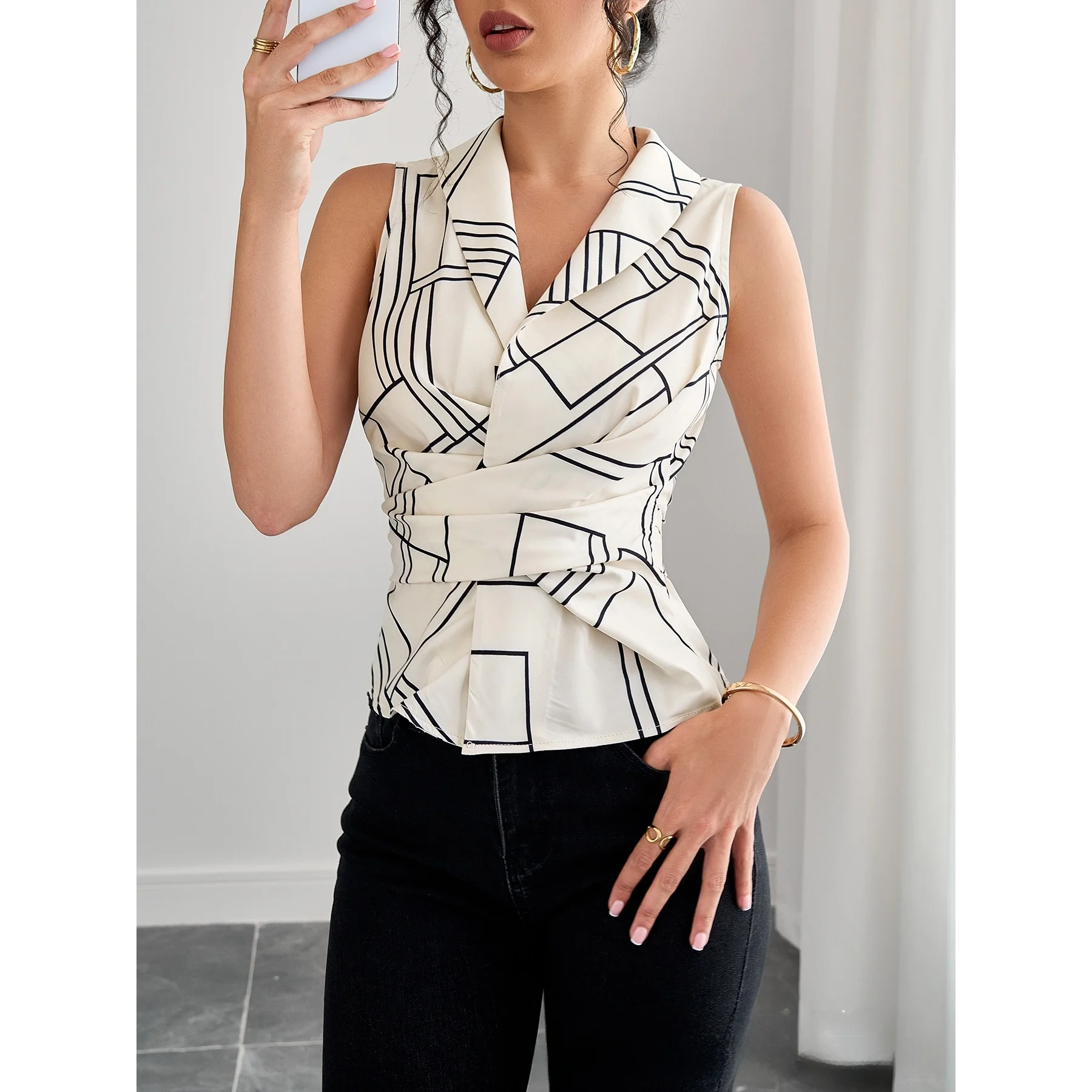 

Ele Women's Slim Fit Geometric Print Svel Top Faionable Casual Summer New Arrival Cross-Border Polyester Fabric
