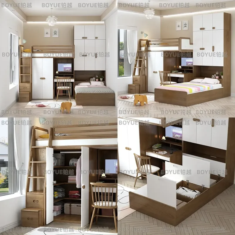 Eichenholz-Etagenbett mit Schreibtisch und Kleiderschrank, Massivholz-Hochbett für Kinder mit integriertem Stauraum