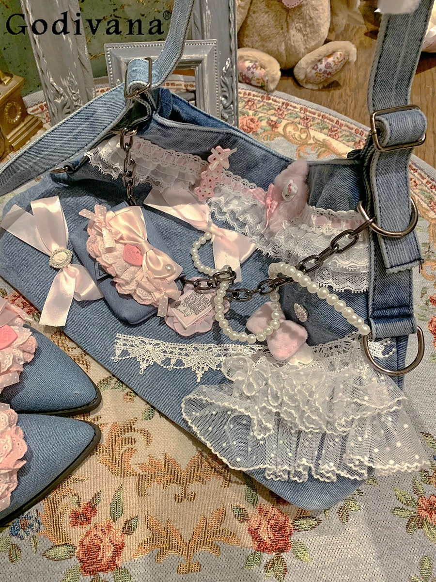 

Japanese Original Lolita Lace Bow Denim Bag Sweet Cool Girl Sweet Cute Style Street Large Capacity Crossbody Bag