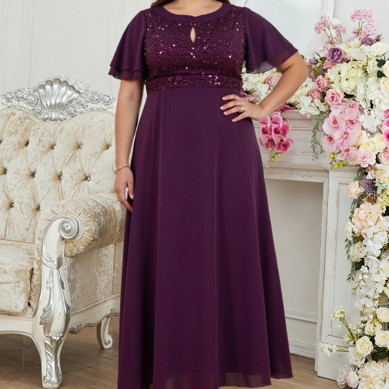 

Plus Size Women's Elegant Chiffon Sequin Dress Long Gown Wedding Mom Outfit Lace 2025 Party Summer Elegantes Casual Y2k