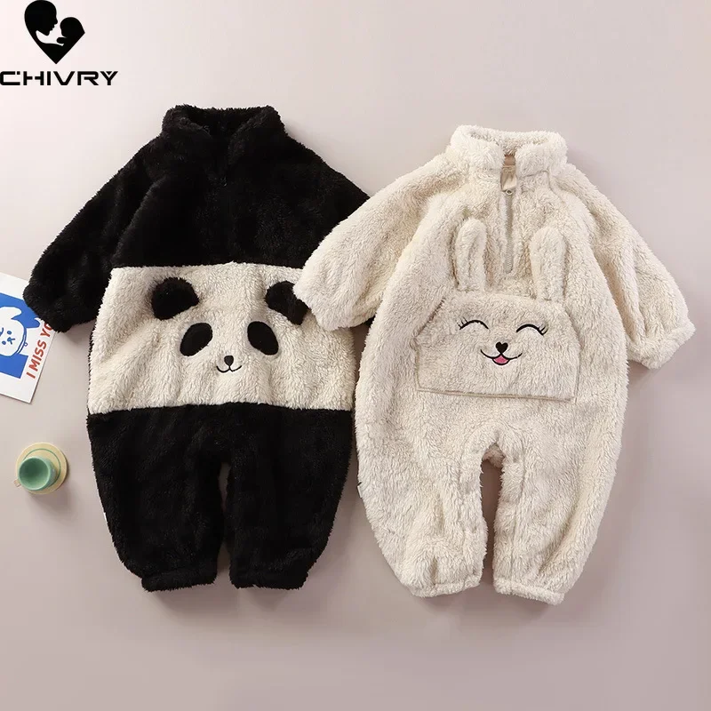 

New Winter Baby Thicken Warm Soft Flannel Rompers Infant Boys Girls Cute Cartoon Panda Rabbit Zipper Jumpsuits Newborn Sleepwear