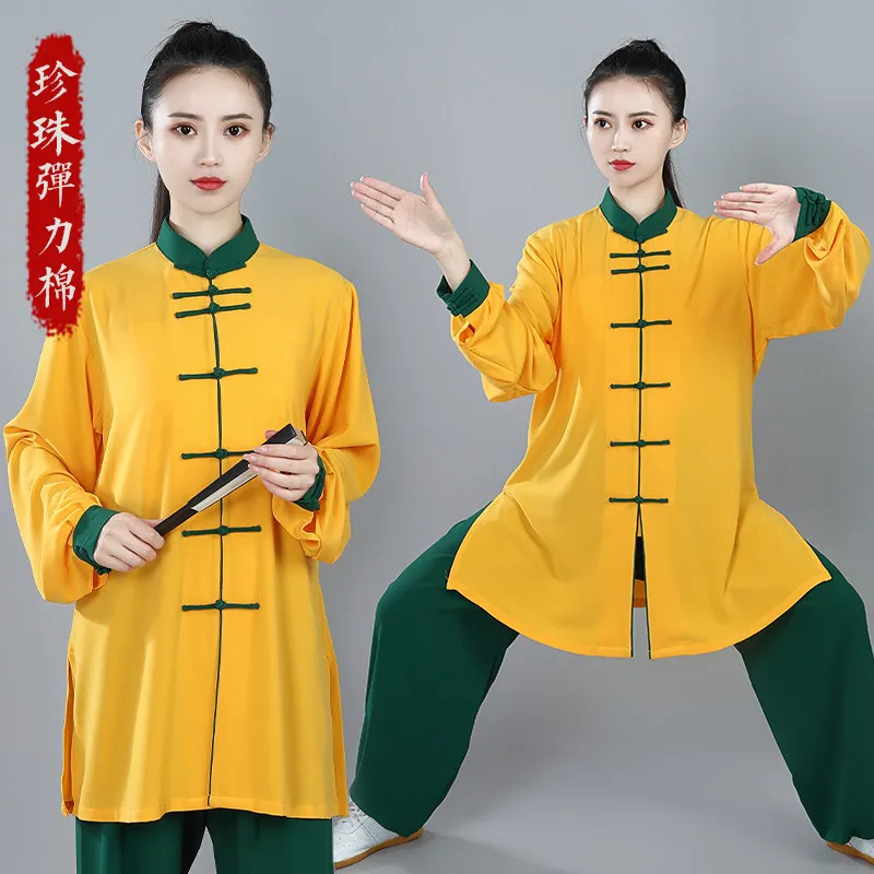 Custom Women's Mid-Long Pearl Cotton Embroidery Tai Chi Suit - Spring Autumn Martial Arts Performance Practice Uniform