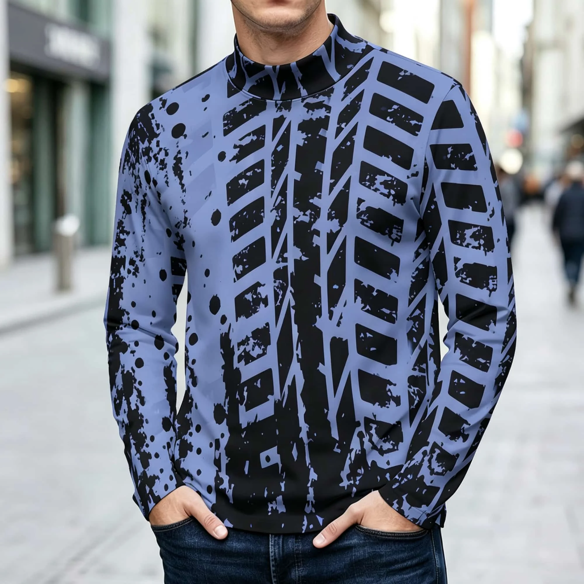 Light Blue Ink Splash Tire Track Graffiti Long Sleeve Mock Neck Shirt Street Casual Breathable Men