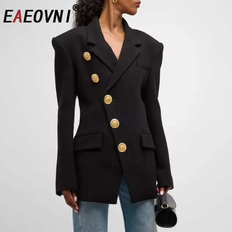 

EAEOVNI Black Office Lady Blazer Coat Women Fashion Irregular Button Design Back Zipper Jacket Fashion 2025 Female New Clothing