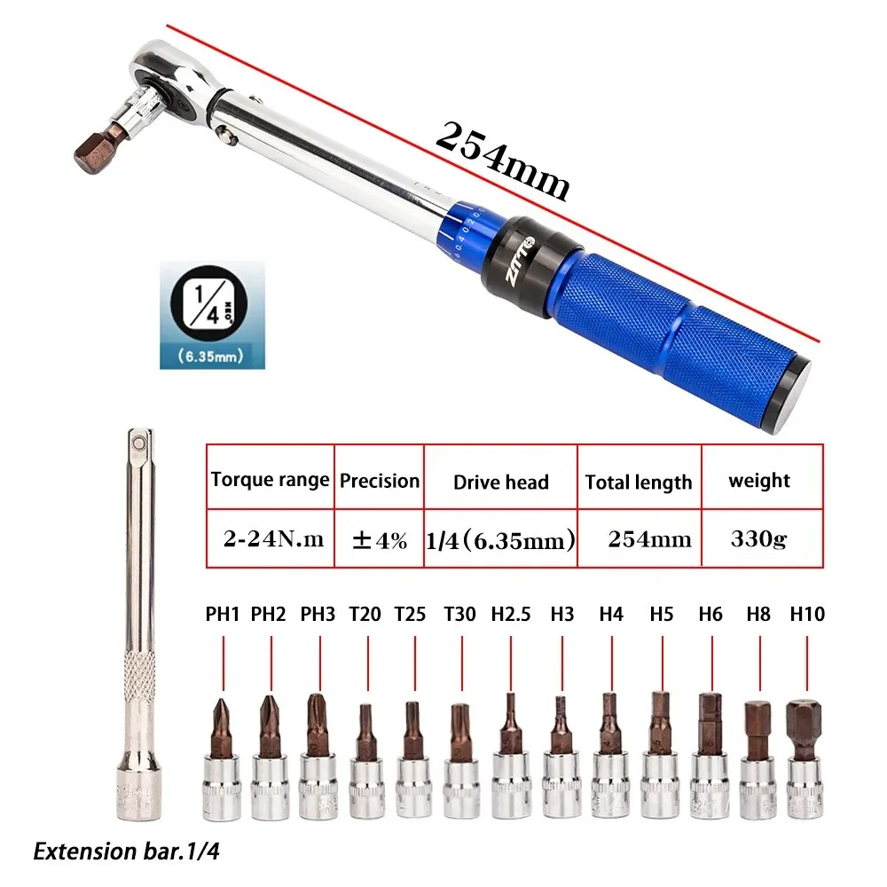 ZTTO MTB Road Bike Bicycle Preset Torque Wrench 2Nm to 24Nm Precise Instrument Durable Hexagon T25 Allen Key S2 Prime Steel