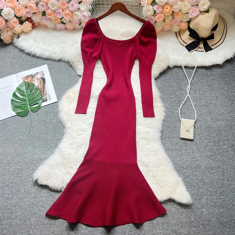 YuooMuoo Chic Mode Elegante Wrap Hüften Lange Meerjungfrau Kleid Herbst Winter Dame Langarm Gestrickte Pullover Kleid Party Vestidos