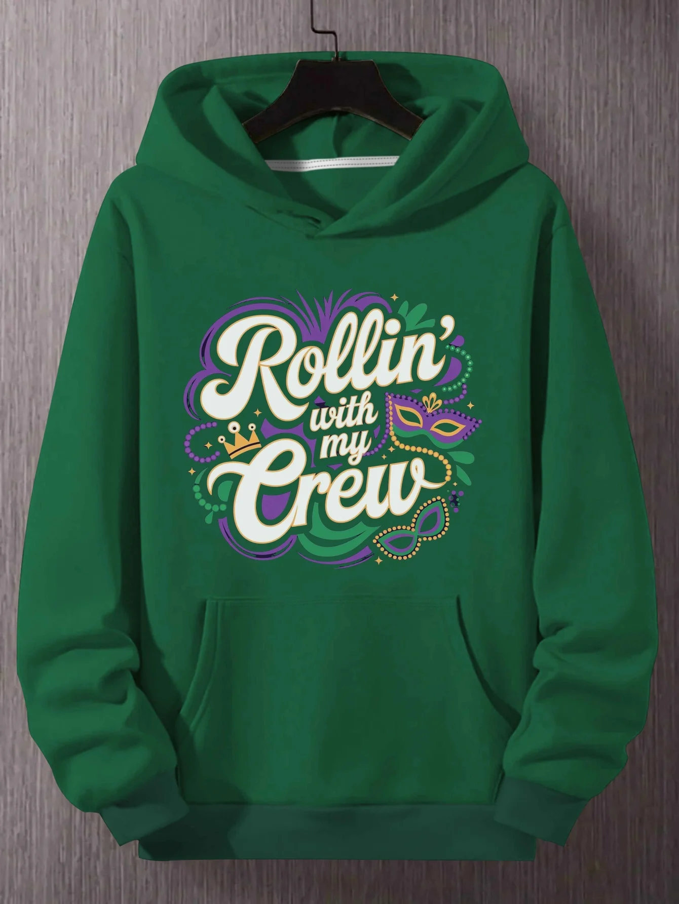 Rollin with My Crew Men's Plus Size Hoodies - Vibrant Green Graphic Print with Feathers & Crowns, Loose Fit Casual Pullover