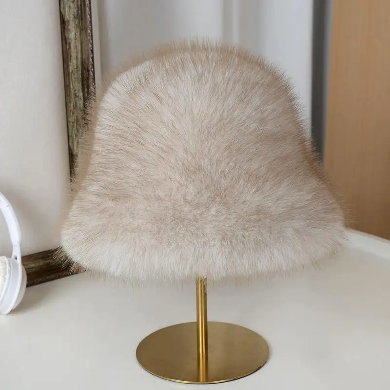 

Winter Fluffy Fur Bucket Hat For Women Warm Plush Fisherman Hat Thicken Plush Ear Protection Cap Outdoor Windproof Panama Caps