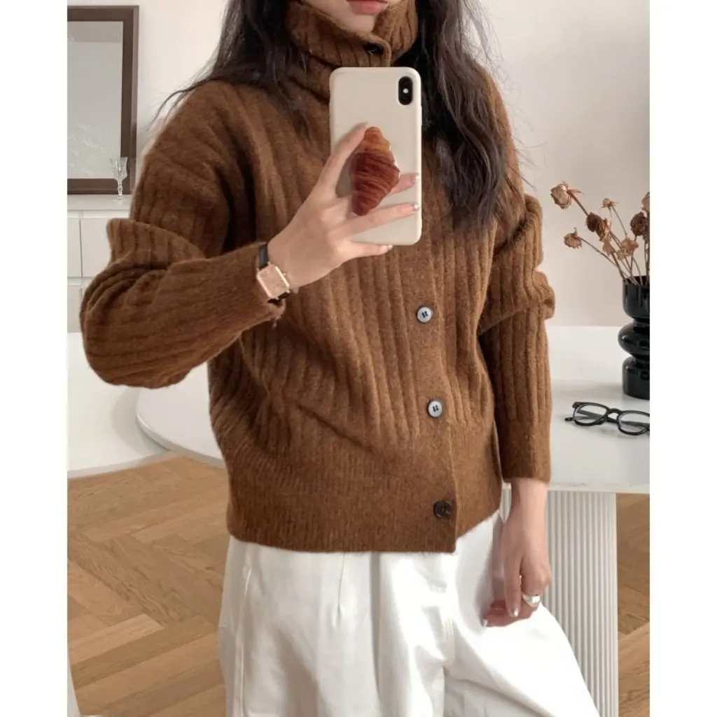 

Женский вязаный кардиган в вертикальную полоску с высоким воротом, однобортный свободный свитер во французском стиле ретро, осеннее пальто