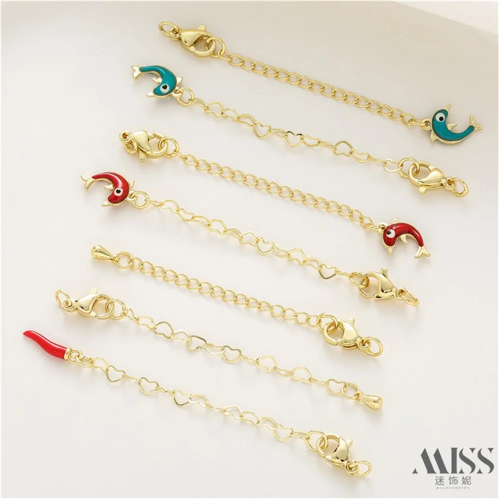 

14K Gold-wrapped Love Ponytail Chain Hanging Dolphin Pepper Water Drop Lobster Buckle Tail Chain DIY Handmade Jewelry Accessorie