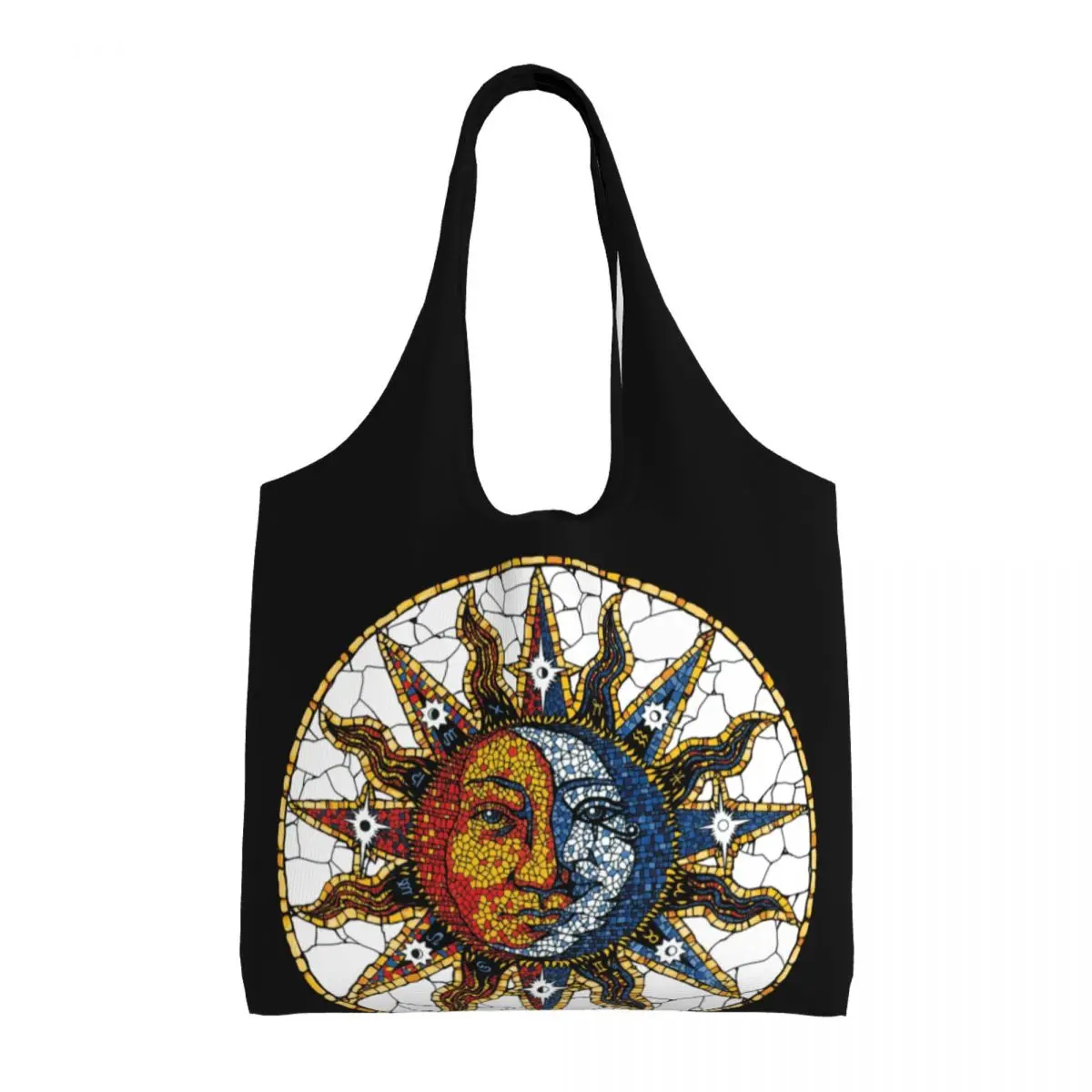 Custom Celestial Mosaic Sun And Moon Coaster Canvas Shopping Bag Women Reusable Large Capacity Grocery Shopper Tote Bags