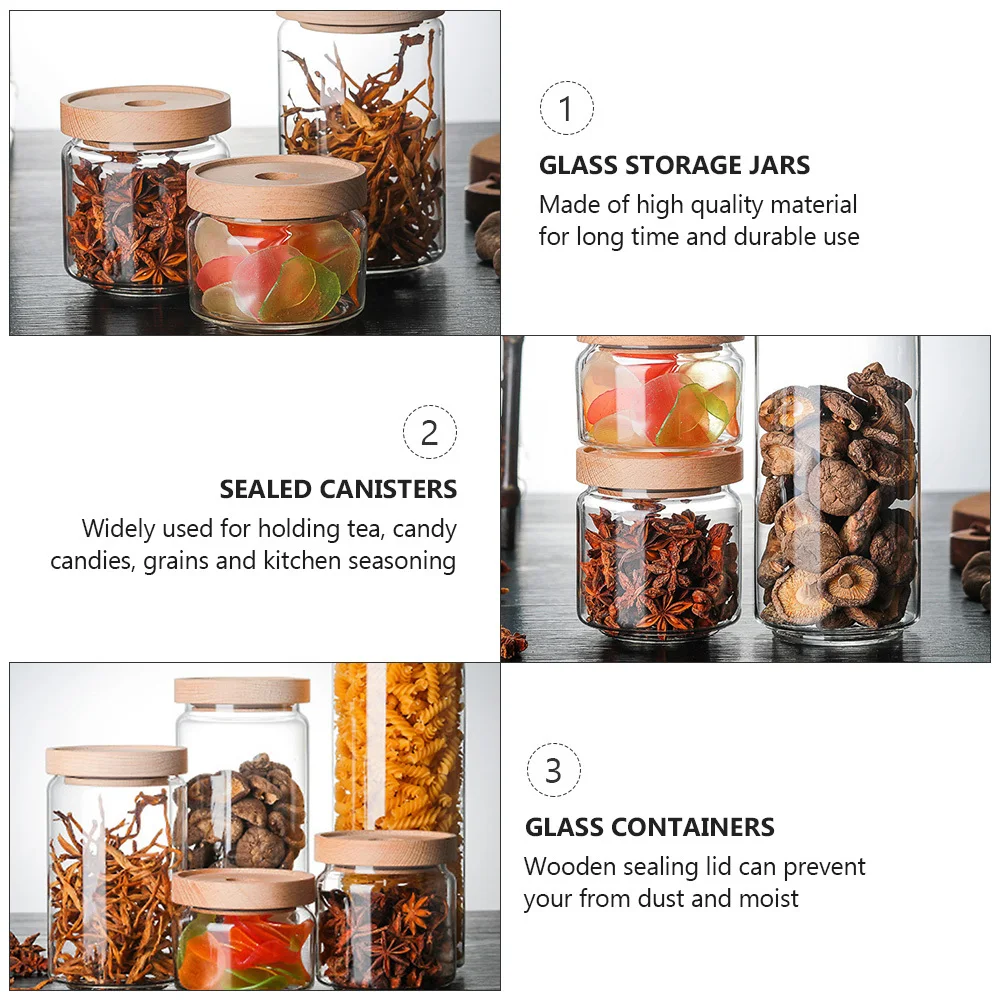 

1pc Glass Storage Jar Wooden Cover Sealed Food Canister For Tea Candy Grains Kitchen Coarse Cereals Container Clear Glass Food