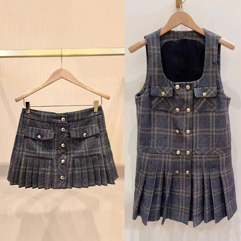 

【Gift Free】 French Chic Gray Plaid Double-Breasted Square Neck Sleeveless Vest Dress 2025 Fall Winter Fashion