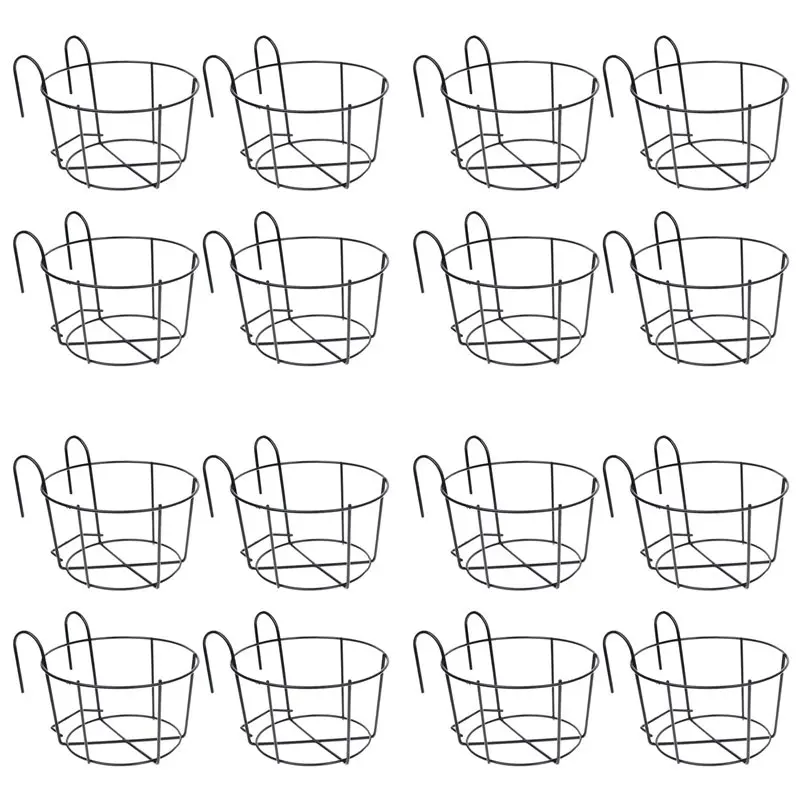 EFFICIENT 16Pc Hanging Railing Planters Flower Pot Holders Plant Iron Racks Fence Metal Potted Stand Mounted Balcony Baskets S